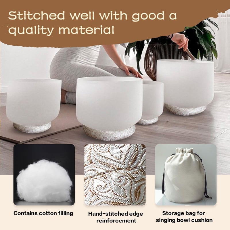 UPCEED 7 Pcs Singing Bowl Cushion Set for 6-12" Tibetan Singing Bowls, Handmade Silk Brocade Round Cushion Pillow for Meditation Sound Healing and Crystal Sound Bowls Accessories(Silver) - Image 2